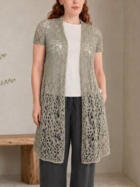 Eileen Fisher Luster Crochet Linen Blend Short Sleeve Cardigan Medium